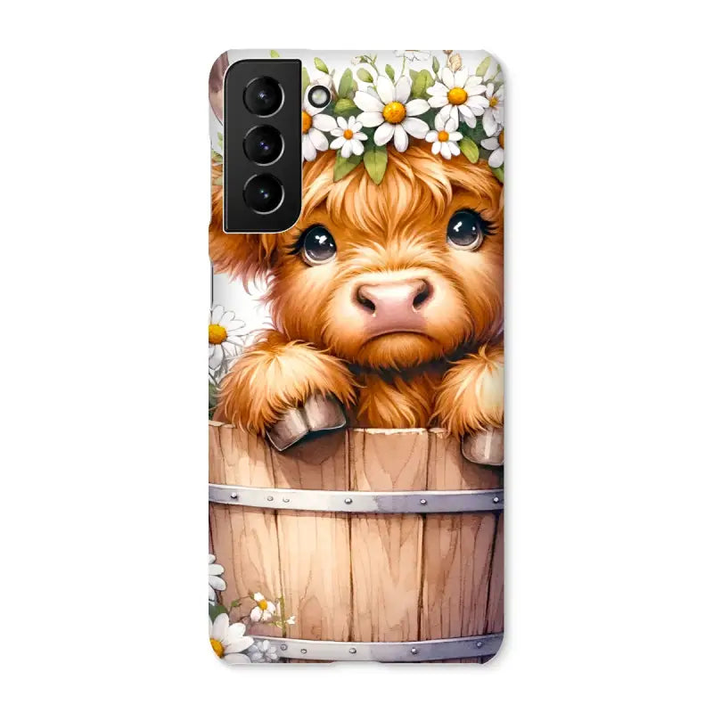 Cute Highland Cow calf in a bucket with flower crown for Highland Cow Snap phone case