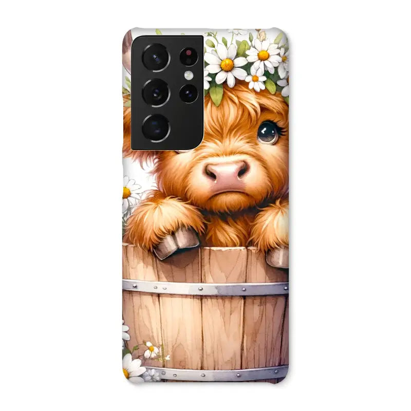 Cartoon Highland Cow peeking from a barrel on a Highland Cow Snap case for Google Pixel and Samsung Galaxy