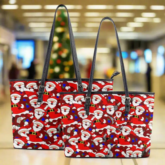 Two Santa Shoulder Tote Bags with festive pattern and spacious interior on red background