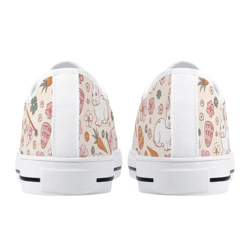 White boho Easter sneakers with cute animal and mushroom patterns perfect for spring fun