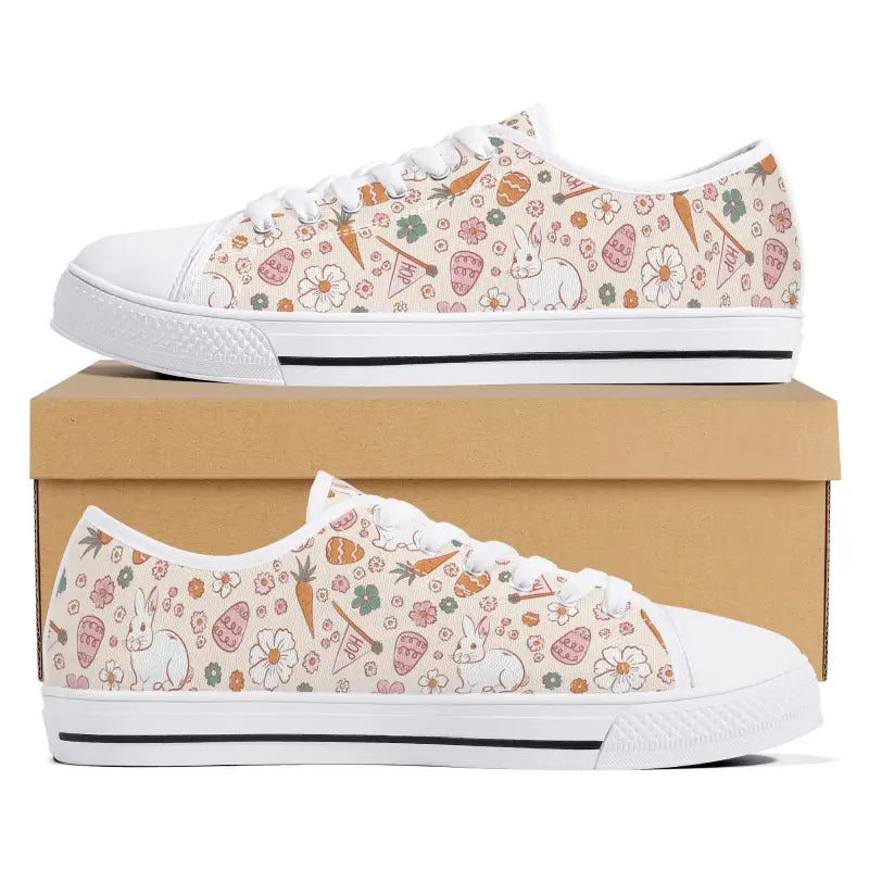 White Easter sneakers with cute bunnies and hearts for a fun, boho women’s look