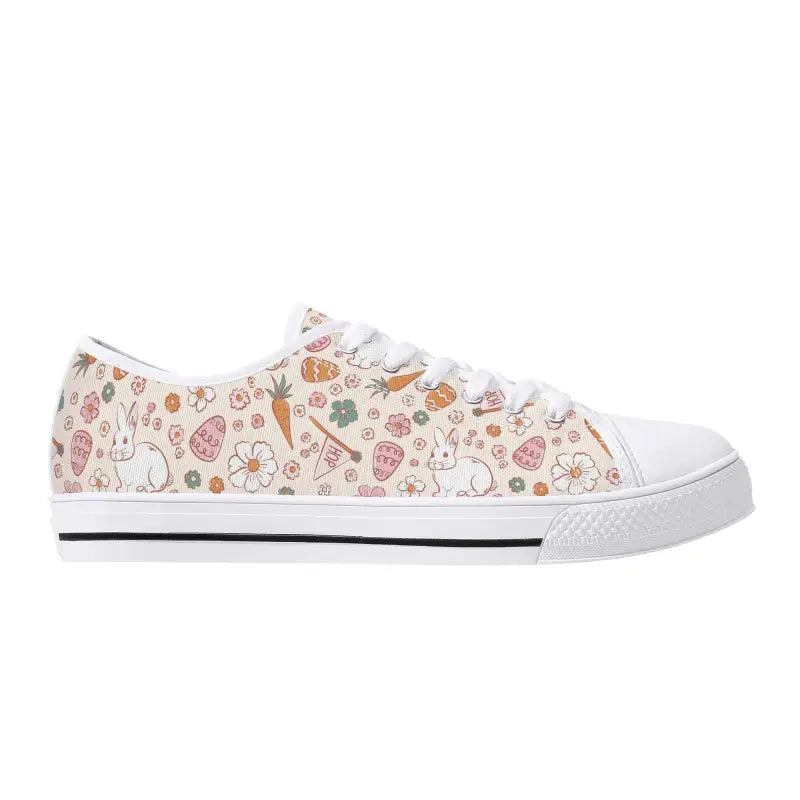 White canvas Easter sneakers featuring a fun floral and fruit pattern for women