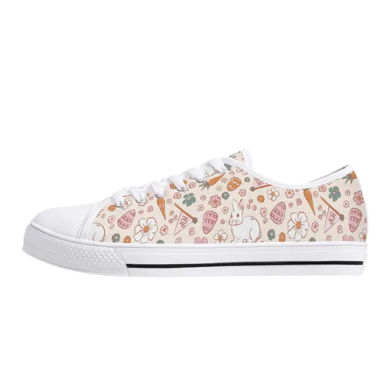 White canvas women’s Easter sneakers with fun medical pattern of hearts and stethoscopes