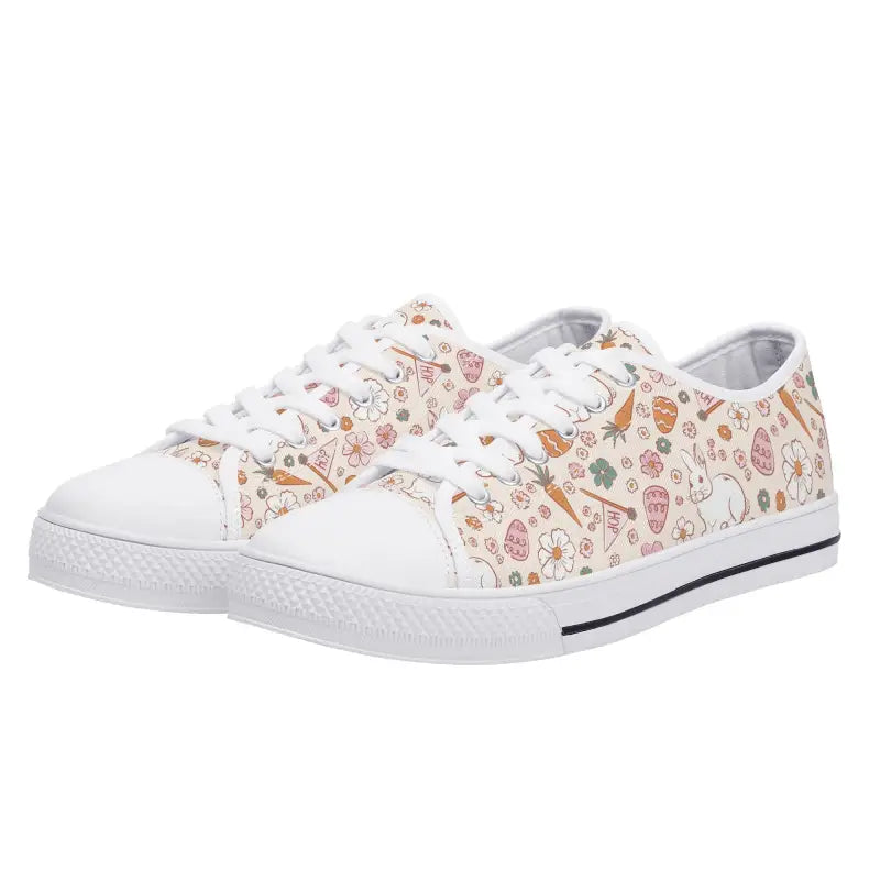 White canvas Easter sneakers with fun peach and pink doodle pattern for women’s boho style