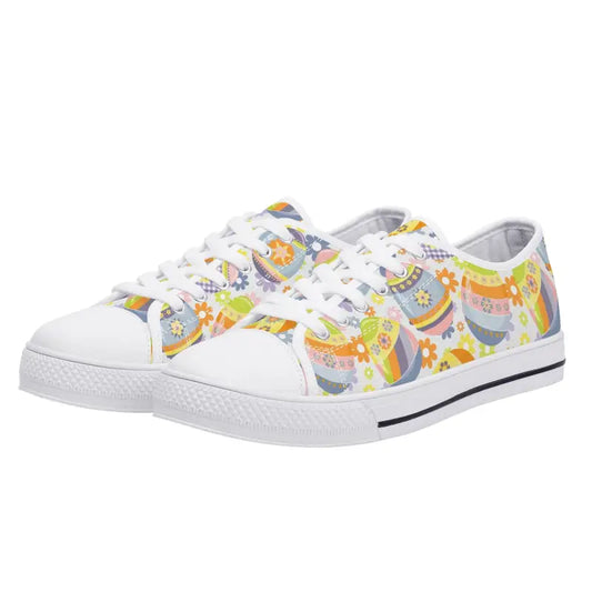 White canvas Easter Egg sneakers for women with colorful floral patterns