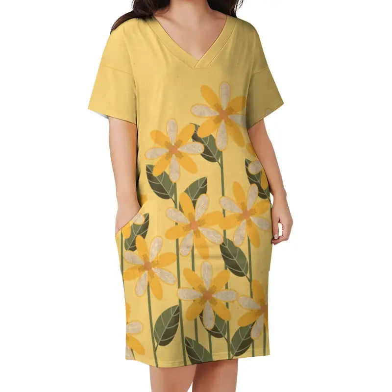 Yellow floral print v-neck short-sleeved imitation cotton dress in basic style