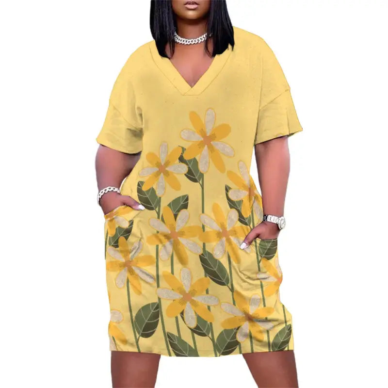 Yellow floral v-neck short-sleeve imitation cotton dress with pockets