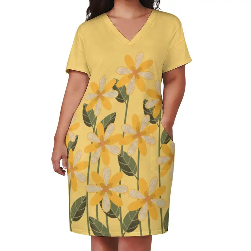 Yellow floral print imitation cotton nightgown in basic style