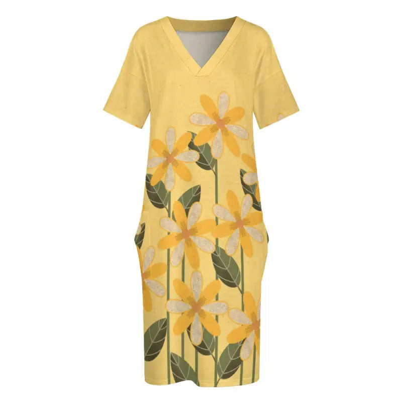 Vibrant floral imitation cotton dress in basic style with yellow flowers