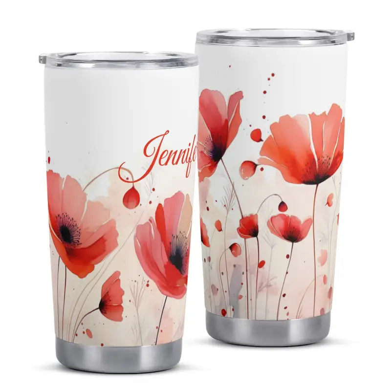 Insulated stainless steel personalized 20oz tumbler with red poppy flower designs