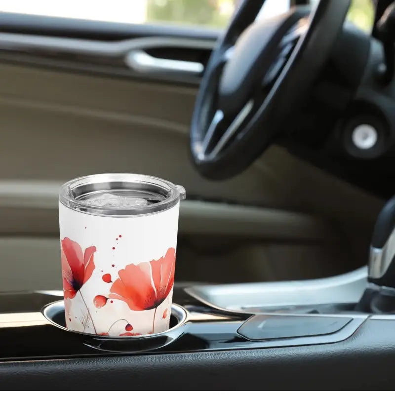 Travel mug with red floral design in car cup holder, perfect for your floral personalized 20oz