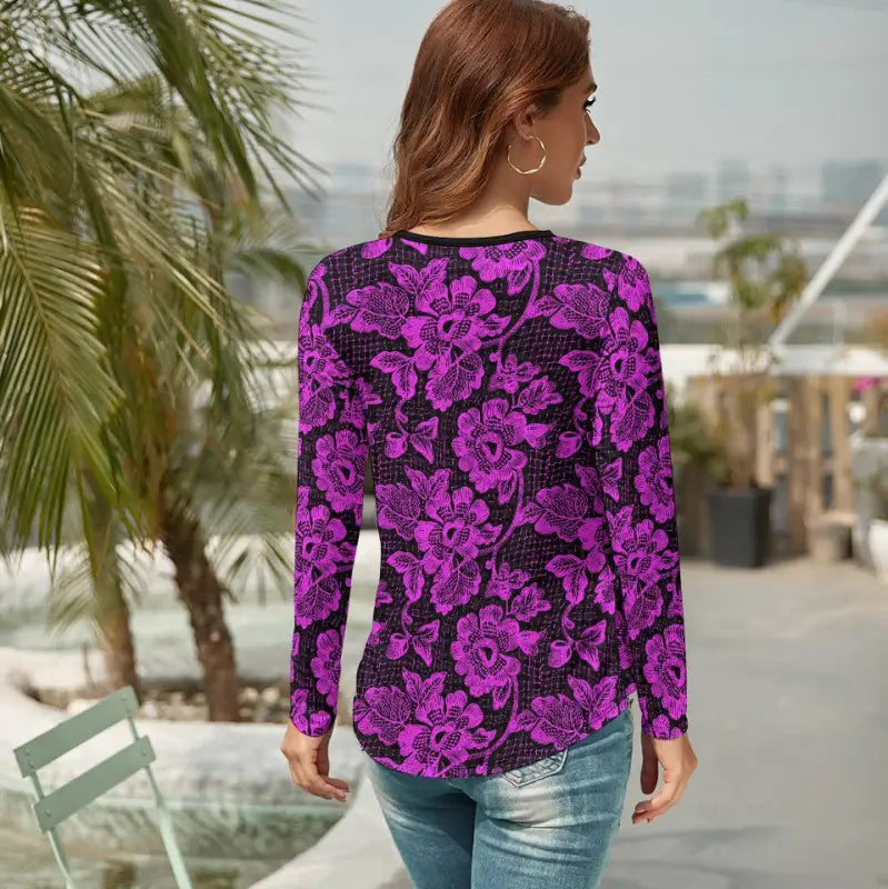 Purple and black floral lace print v-neck long sleeve tee for women’s stylish comfort