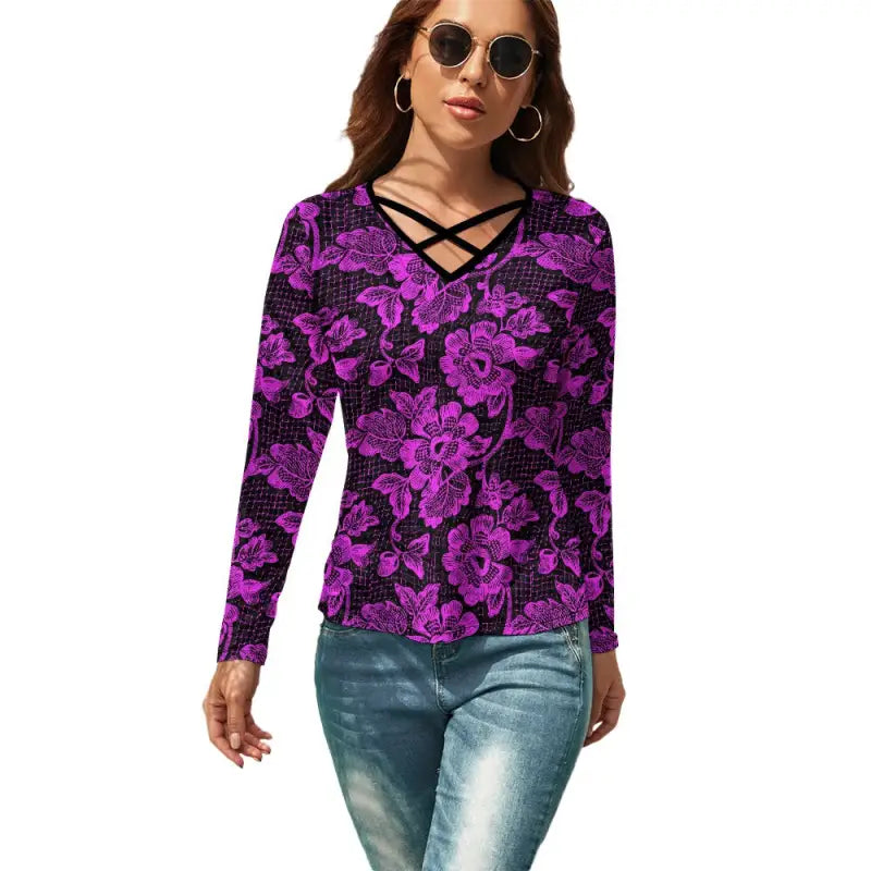 Purple and black floral Lace Print V-Neck Long Sleeve Tee with criss-cross neckline