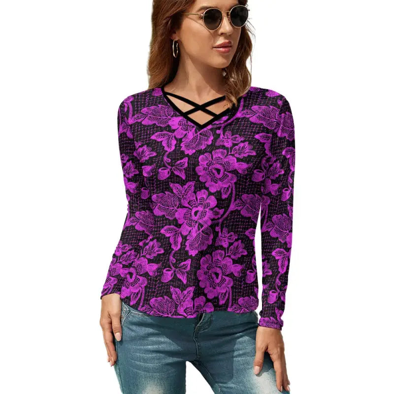 Purple and black floral v-neck long sleeve tee with crisscross neckline detailing