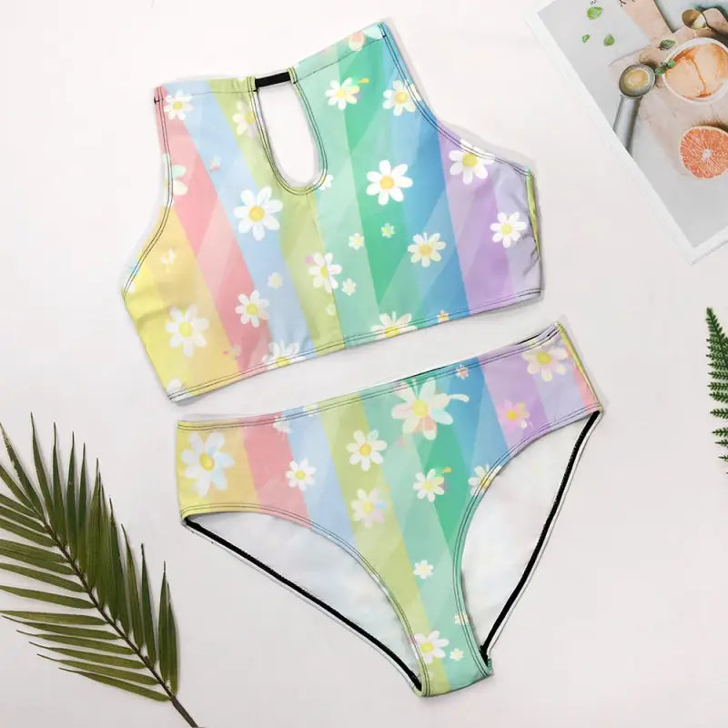 lace up back bikini set in a pastel daisy print