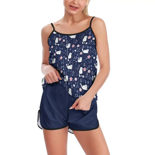 Navy blue Ladies Cami Cat Two-Piece Pajama Set with cat-patterned top and shorts