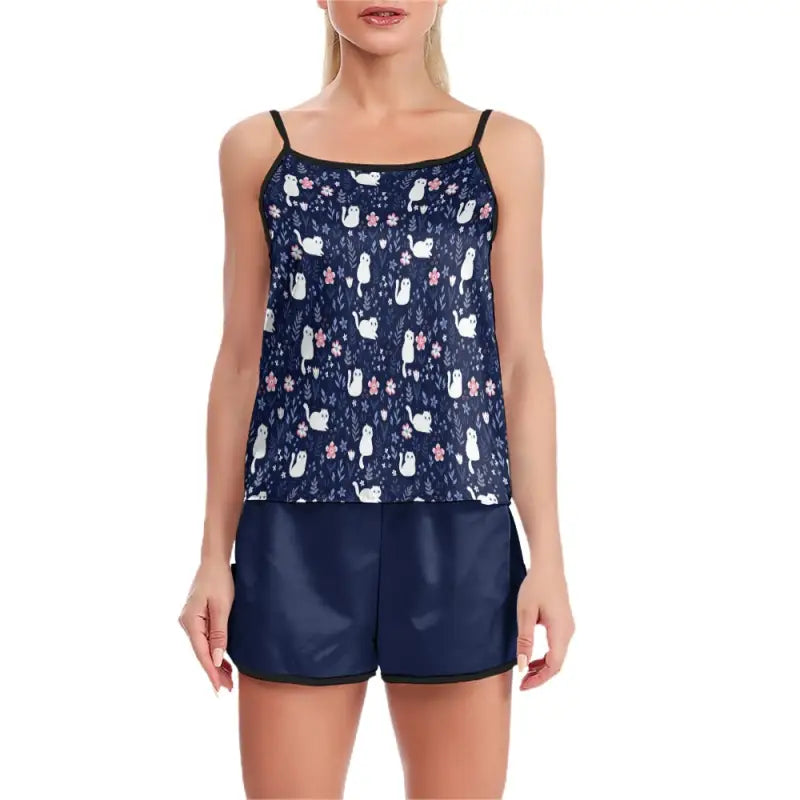 Navy blue Ladies Cami Cat Two-Piece Pajama Set with cactus print top and matching shorts