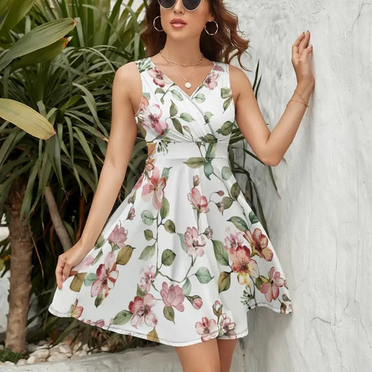 Ladies sleeveless white floral dress with V-neckline and flared skirt, perfect for summer