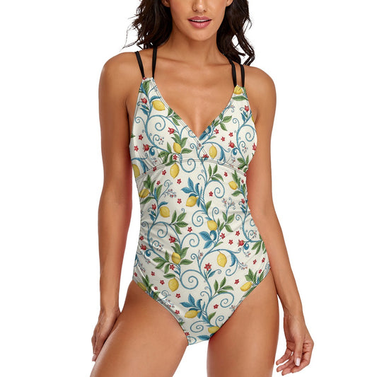 lemon floral one piece swimsuit front view v neck