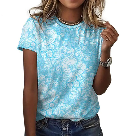 Light blue t-shirt with a white swirl print perfect for women’s blue swirl style