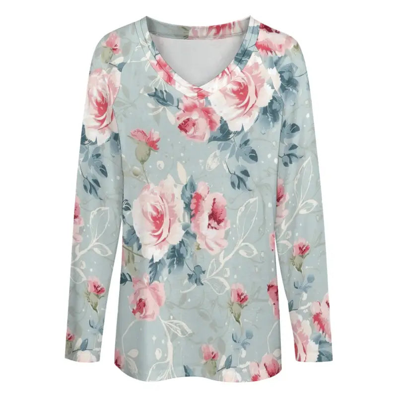 Light blue-gray long-sleeved t-shirt with V-neck design and pink rose pattern