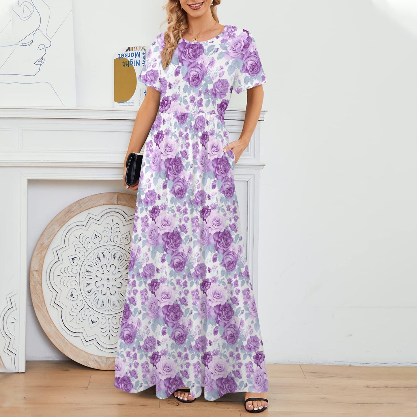 long purple floral dress full length flowy silhouette