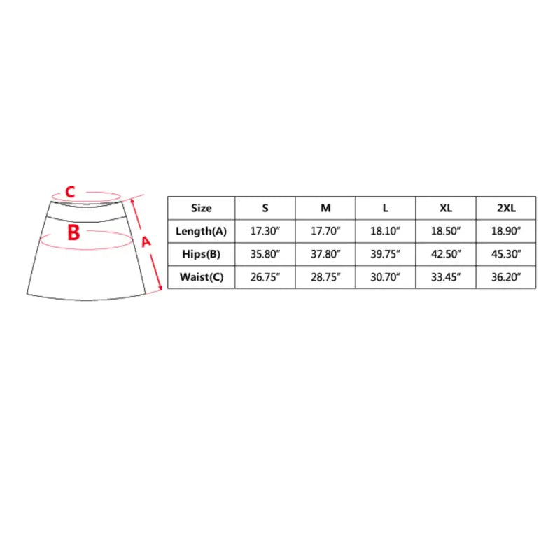 Size chart for women’s golf skort showing waist and hip measurements for a perfect fit