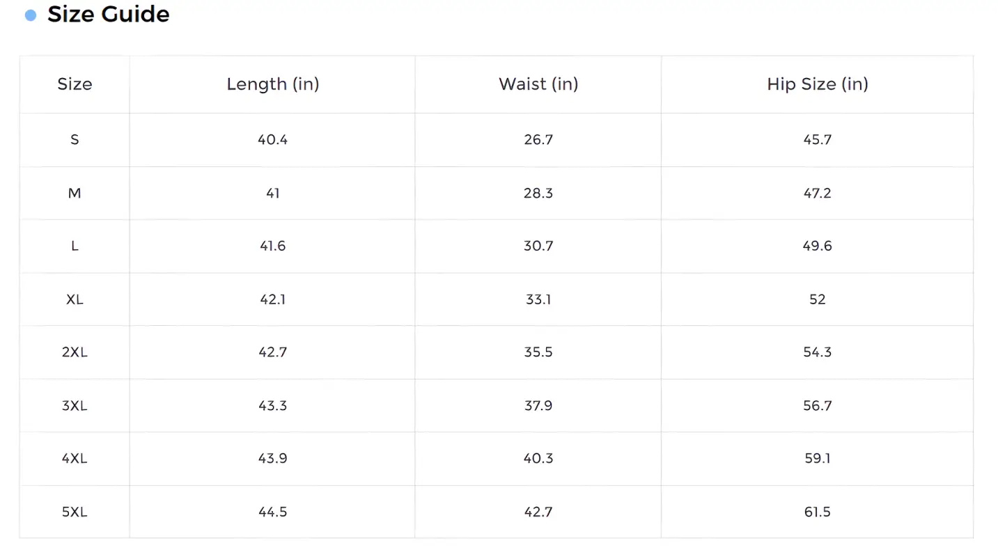 Size guide chart for Black Pinstripe High Waist Wide Leg Trousers showing length, waist, and hip dimensions