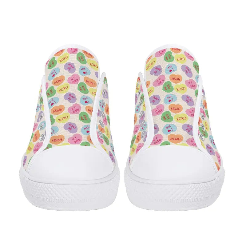 White women’s low Candy Hearts Sneakers with colorful speech bubble patterns