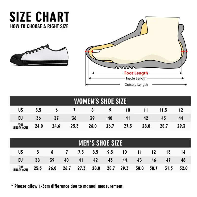 Shoe size conversion chart for Candy Hearts Sneakers and women’s low footwear sizing