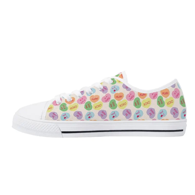 White canvas Candy Hearts Sneakers for women featuring a fun Easter egg pattern print