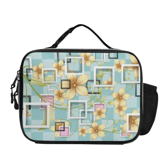 Insulated floral lunch bag with a funky geometric pattern for stylish meals