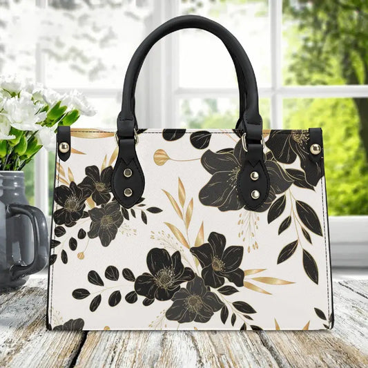 Stylish Luxury Women Black Floral Handbag featuring gold accents and chic black handles