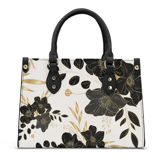 Floral-patterned handbag with black handles and gold accents, perfect for luxury women black style