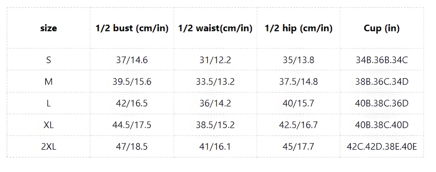 Size chart for floral high waisted bikini fitting with measurements and cup sizes