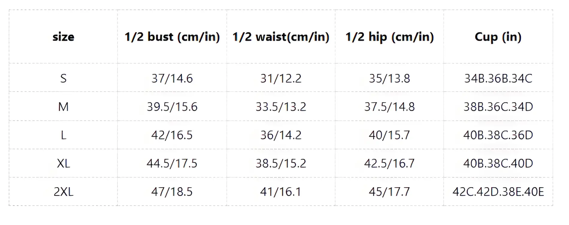 Size chart for floral high waisted bikini fitting with measurements and cup sizes