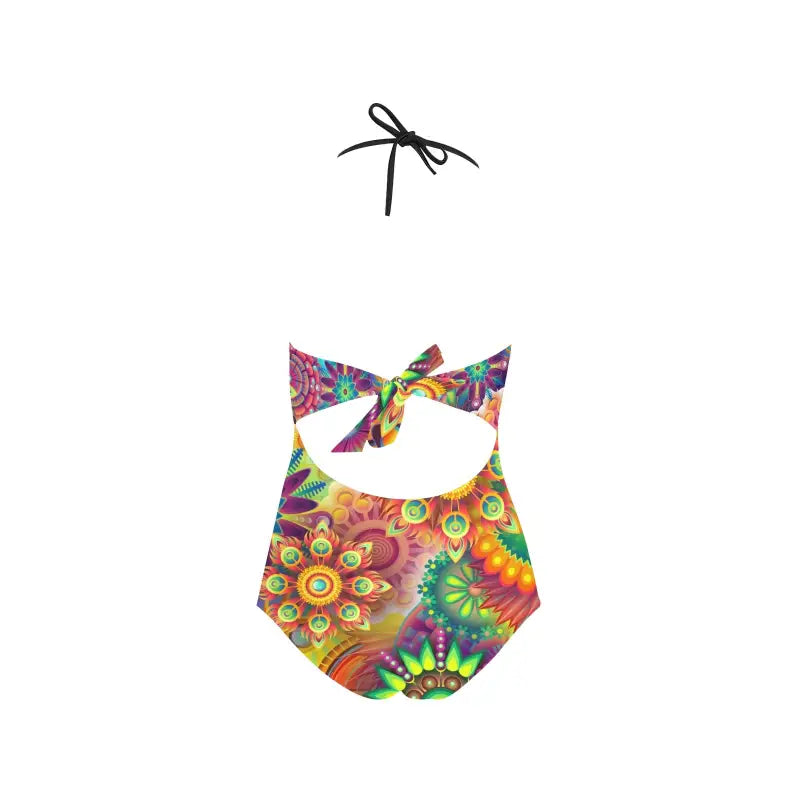 Colorful one piece swimsuit with lace band and vibrant tie-dye halter neck design