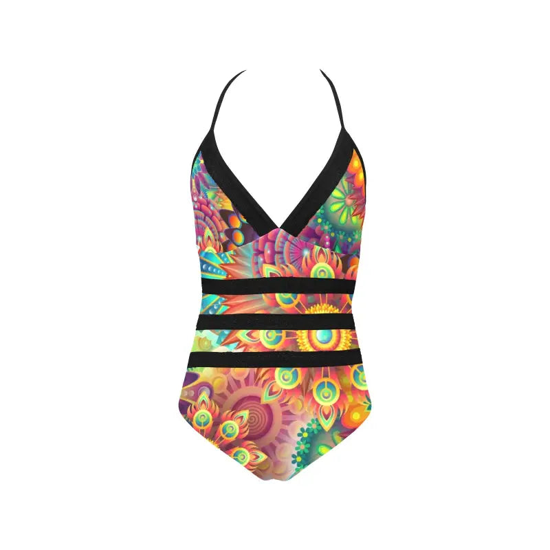 Vibrant colors in a colorful one piece swimsuit with lace band and tie back design