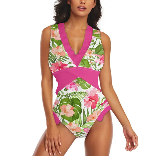 Tropical floral print ruffle edge cross-front swimsuit with pink trim and V-neckline