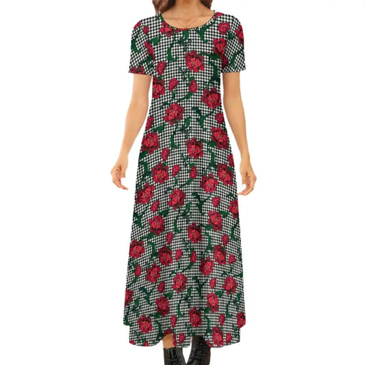 Floral print maxi dress with short sleeves on a houndstooth background, a delightful blend