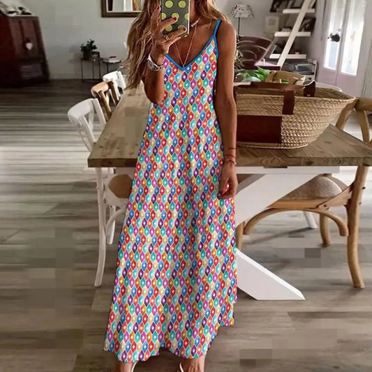 Colorful geometric spaghetti strap ankle long maxi dress perfect for picnics and sunshine