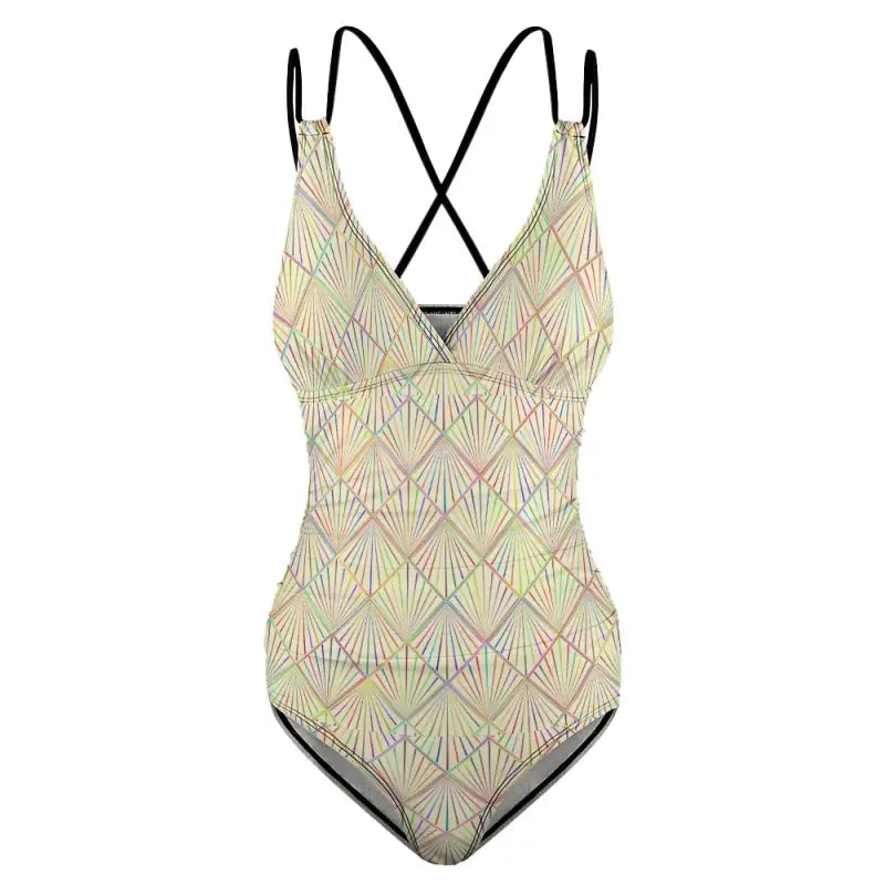 Light yellow one-piece swimsuit with geometric patterns and criss cross back design