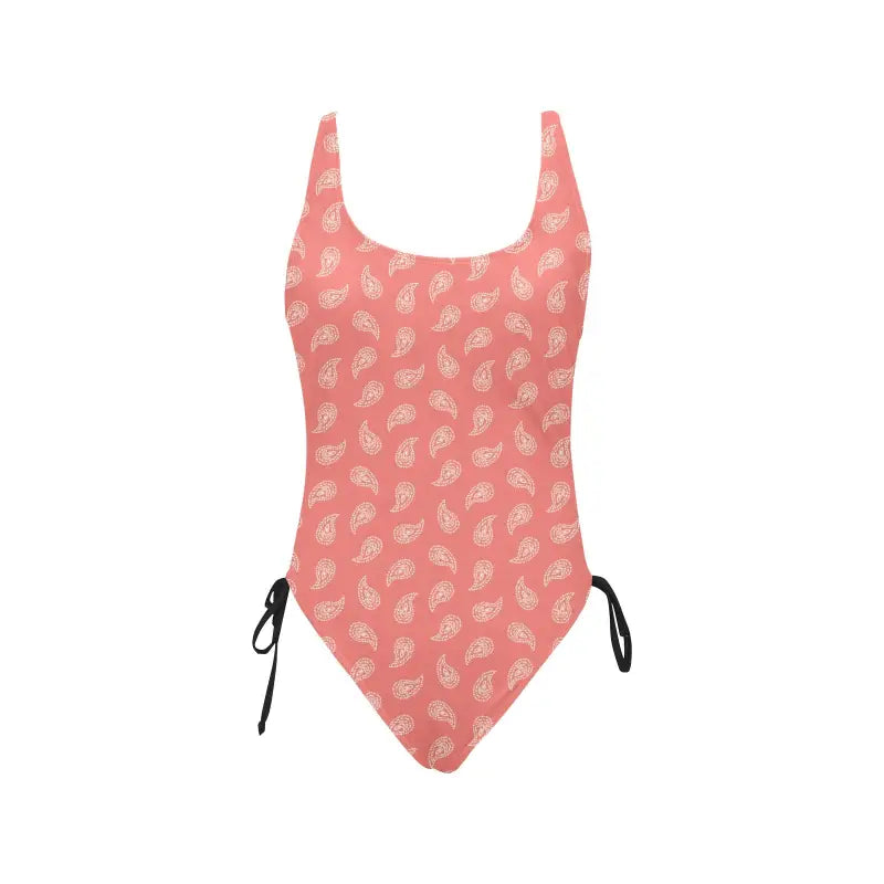 Pink ruched paisley one-piece swimsuit with side ties for boho poolside vibes