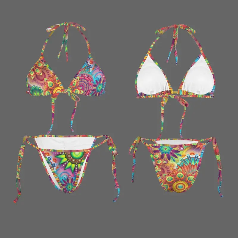 Two colorful Mandela string bikinis with floral prints and fun string ties