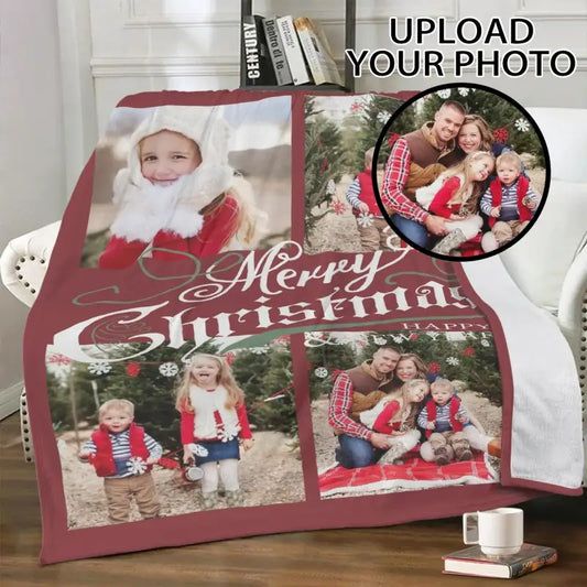 Cozy Christmas fleece throw blanket with family photos and Merry Christmas text