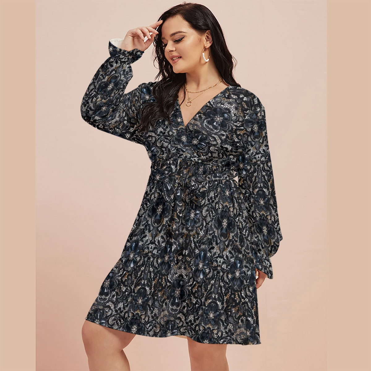 midnight floral long sleeve wrap mini dress front view