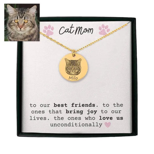 Personalized cat portrait necklace in rose gold with engraved Milo cat face charm