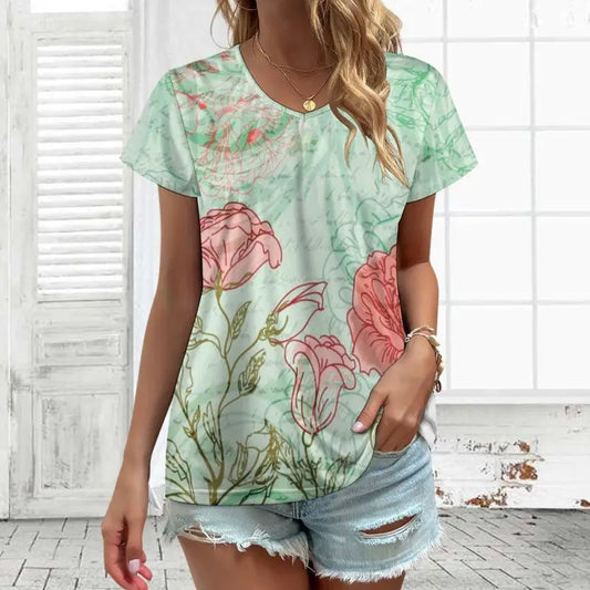 Floral V-neck short t-shirt in mint green with pink flowers for a stylish loose fit