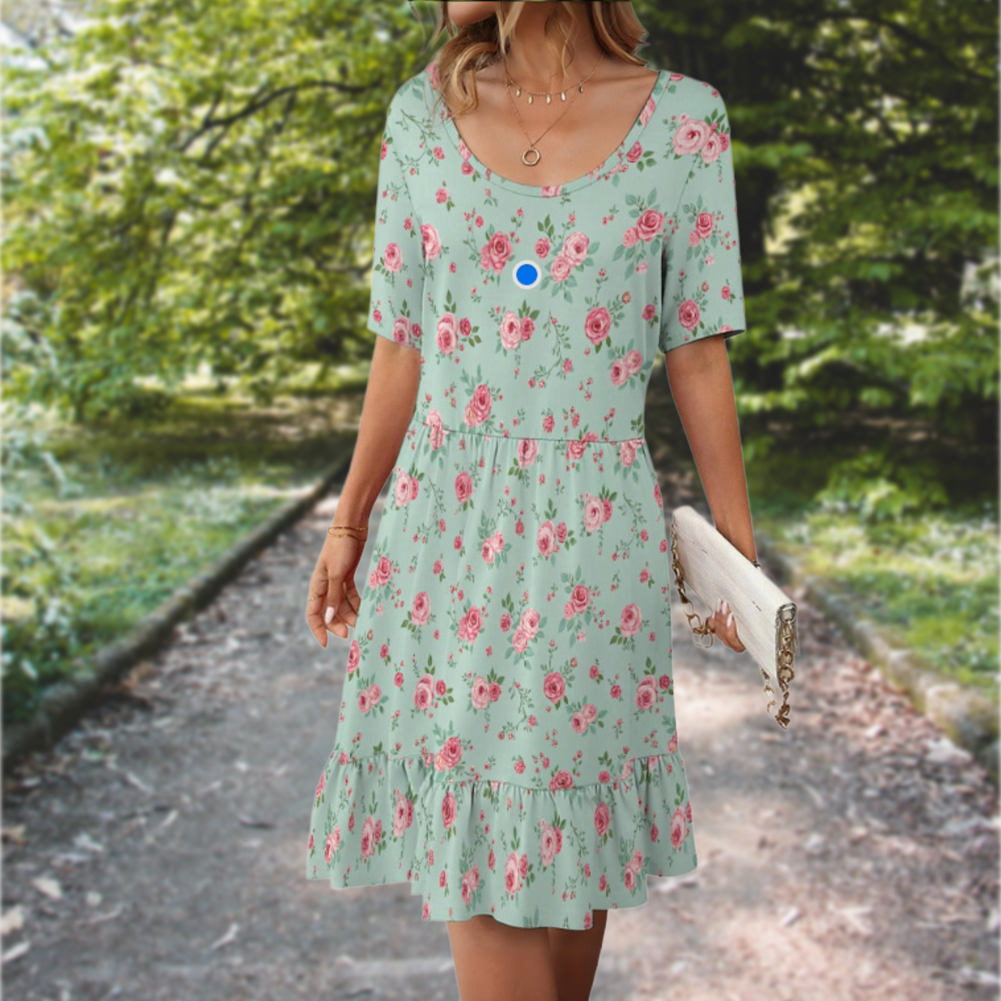 model wearing floral mini dress casual outdoor styling soft silhouette