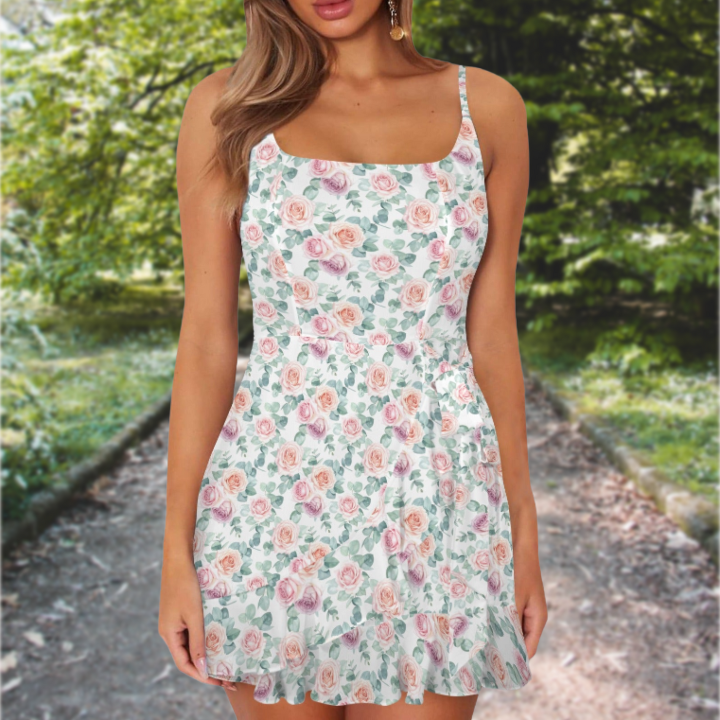 model wearing floral mini dress outdoor styling soft feminine silhouette